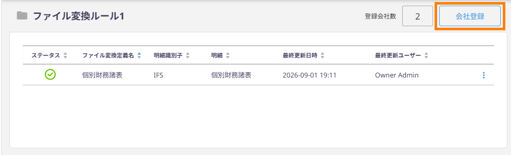 画面右上の会社登録